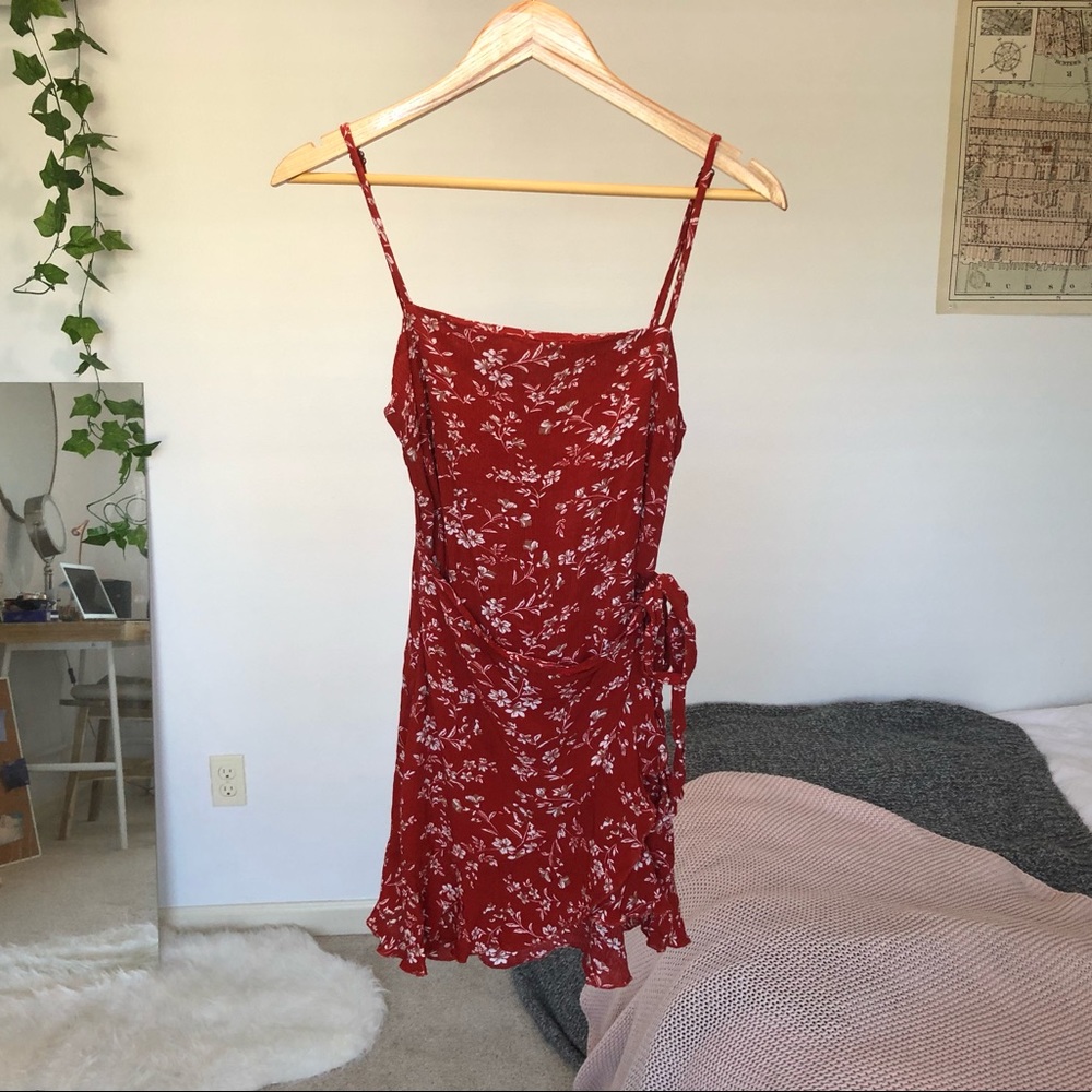 Red floral wrap dress bottom ruffle